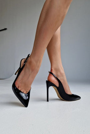 SAPATO SALTO ALTO FINO SLINGBACK COURO PRETO